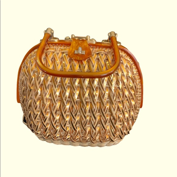 Handbags - Vintage 50’s Lucite Handle Woven Wicker Handmade Pearlized Purse made Hong Kong